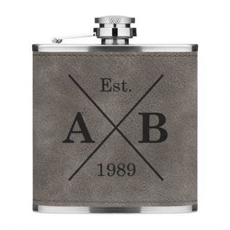 Personalised 6oz PU Leather Hip Flask GreyCustom Initials X Est Birth Date Premium Quality