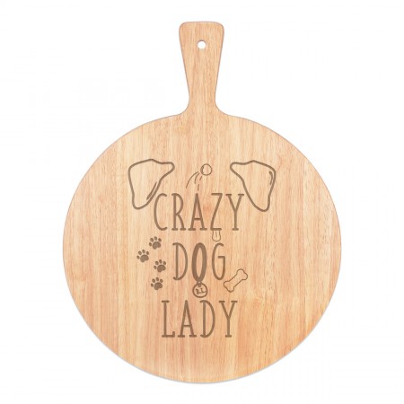 Crazy Dog Lady Brown Ears Pizza Board Paddle Serving Tray Handle Round Wooden 45x34cm