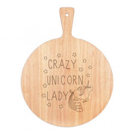 Crazy Unicorn Lady Pizza Board Paddle Serving Tray Handle Round Wooden 45x34cm