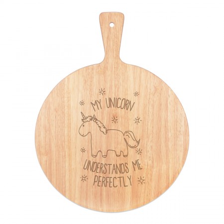 Lila My Unicorn Understands Me Pizza Board Paddle Serving Tray Handle Round Wooden 45x34cm