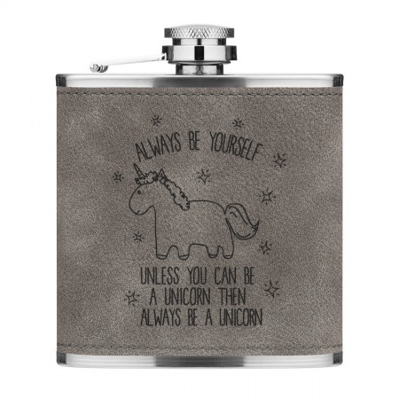 Lila Unicorn Always Be Yourself 6oz PU Leather Hip Flask Grey Luxe