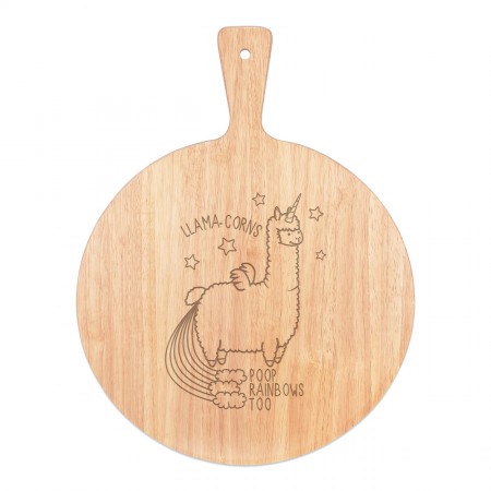 Llama-corns Poop Rainbows Too Pizza Board Paddle Serving Tray Handle Round Wooden 45x34cm
