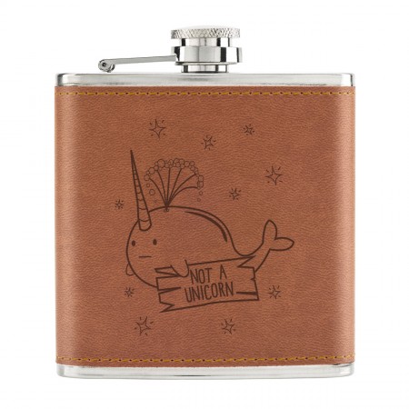 Narwhal Not A Unicorn 6oz PU Leather Hip Flask Tan