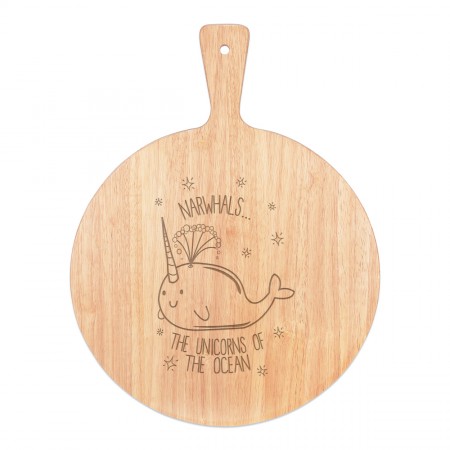 Narwhals The Unicorns Of The Ocean Pizza Board Paddle Serving Tray Handle Round Wooden 45x34cm
