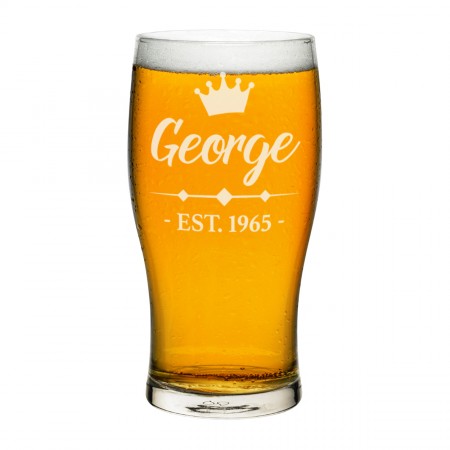 Personalised Pint Glass Crown Est Date Any Name Craft Beer Cider Custom