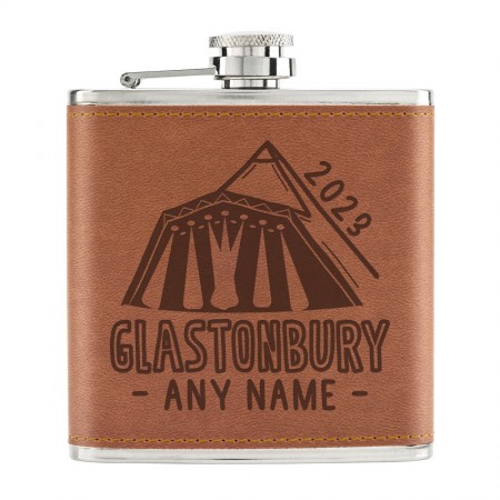 Personalised Name And Date Glastonbury Inspired 6oz PU Leather Hip Flask Tan