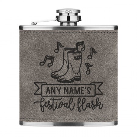 Personalised Name's Festival Flask 6oz PU Leather Hip Flask Grey Luxe