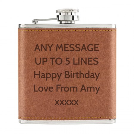 Personalised Custom Any Message Text Name 6oz PU Leather Hip Flask Tan