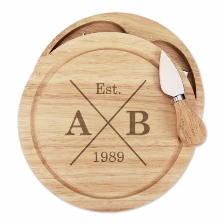 Personalised Custom Initials X Est Birth Date Wooden Cheese Board Set 4 Knives
