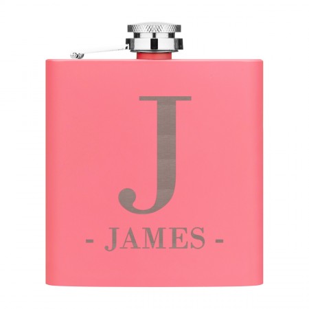 Personalised Hip Flask Custom Initials Big Letter & Name 6oz Matte Pink Stainless Steel