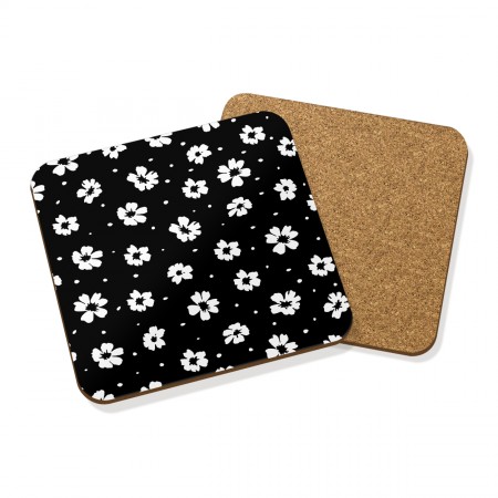 BLACK AND WHITE FLORAL DRINKS COASTER MAT CORK SQUARE