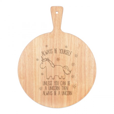Lila Unicorn Always Be Yourself  Pizza Board Paddle Serving Tray Handle Round Wooden 45x34cm