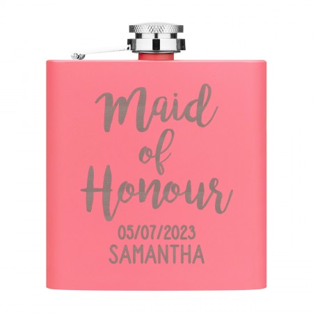 Personalised Maid Of Honour Name Date 6oz Hip Flask Matte Pink Stainless Steel Wedding Custom