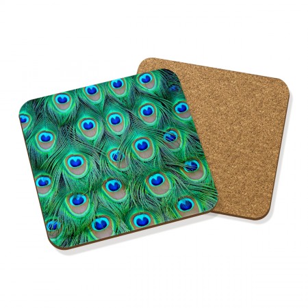 PEACOCK FEATHERS PATTERN DRINKS COASTER MAT CORK SQUARE SET X4