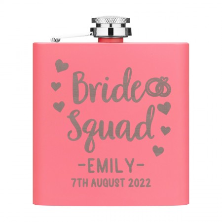 Personalised Bride Squad Name Date 6oz Hip Flask Matte Pink Stainless Steel Wedding Custom Hen Do