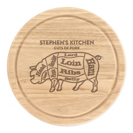 Personalised Name Cuts Of Pork Pig Butchers Guide Wooden Chopping Board Round 25cm Meat Serving BBQ Grill