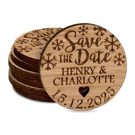 Personalised Wedding Save The Date Invitations Fridge Magnets Cards Snowflakes Winter Christmas Wooden Favours Charms Rustic Oak Custom