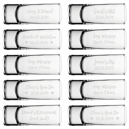 Personalised Name Shot Shooter Glass Tall Double 60ml Any Name Message Multi Pack 5, 10, 20, 30, 40, 50, 100 Glasses Script Font