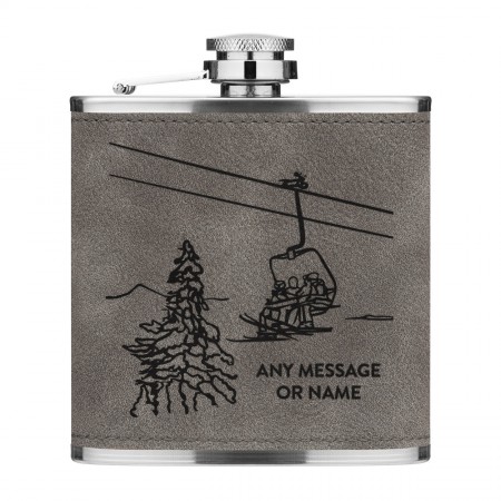 Personalised Ski Lift Skiing 6oz PU Leather Hip Flask Grey Custom Name Message Premium Quality Let's Get Piste