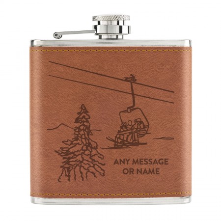 Personalised Ski Lift Skiing 6oz PU Leather Hip Flask Tan Custom Name Message Let's Get Piste