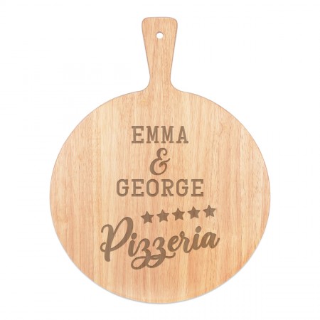 Personalised Custom Pizza Board Pizzeria Two Names Serving Tray Handle Paddle Round Wooden 45x34cm