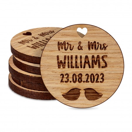 Personalised Mr & Mrs Birds Wedding Favours Table Decorations Round Wooden Confetti Sprinkles Scatters Charms Custom Tags