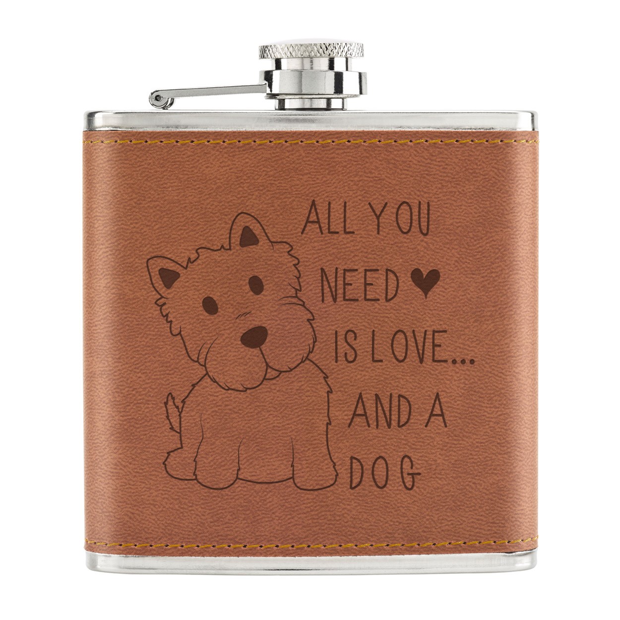 All You Need Is Love And A Dog 6oz PU Leather Hip Flask Tan