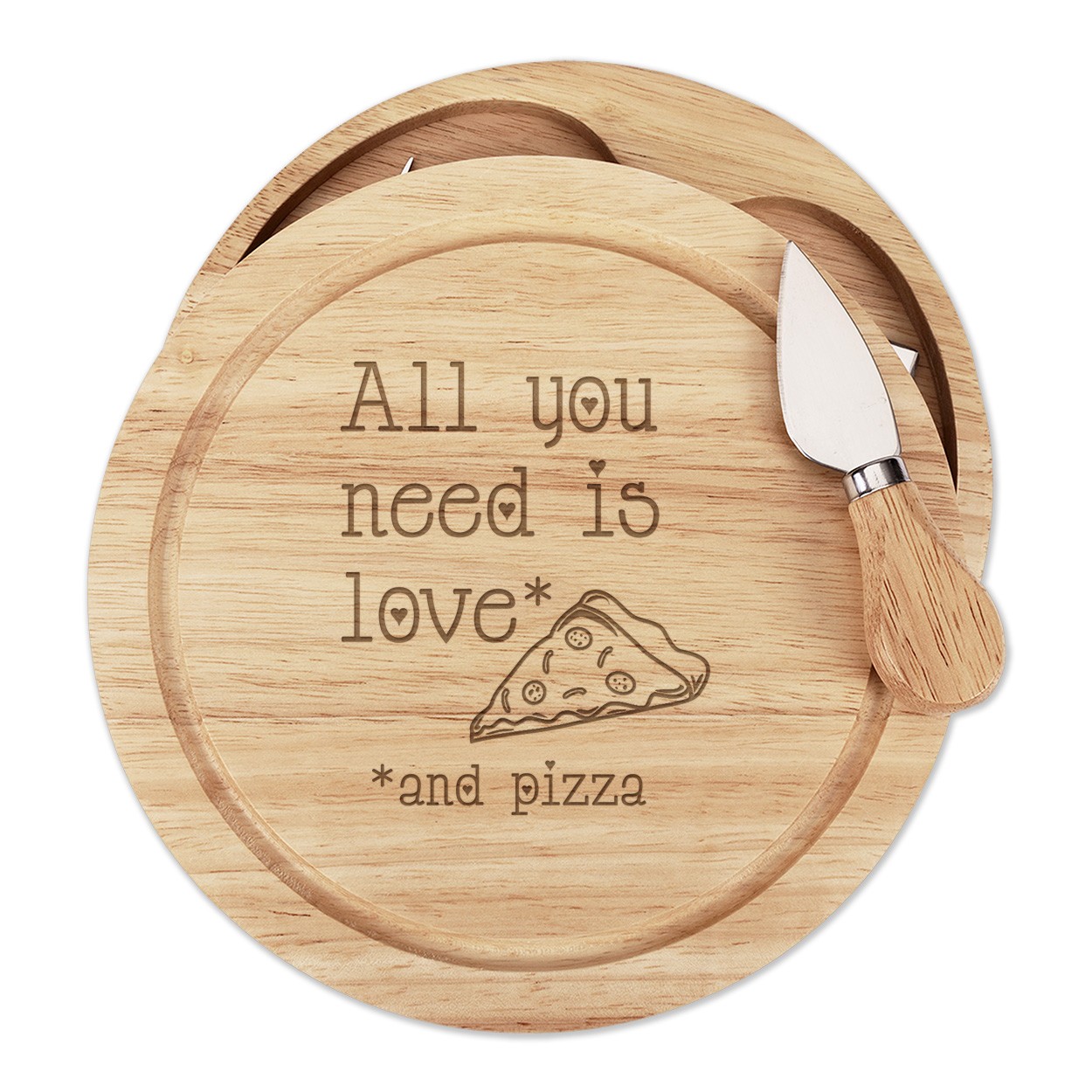 All You Need Is Love And Pizza Wooden Cheese Board Set 4 Knives