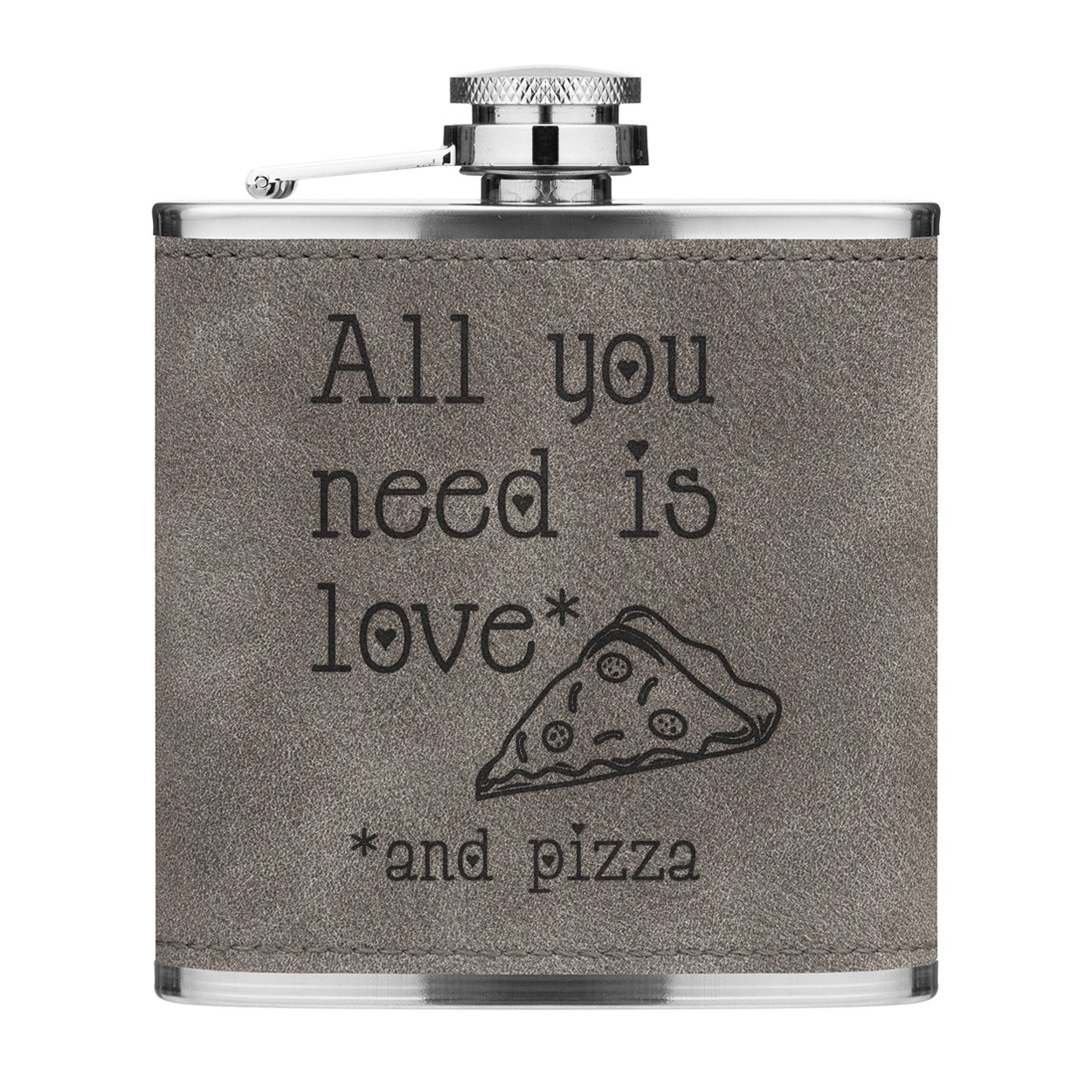 All You Need Is Love And Pizza 6oz PU Leather Hip Flask Grey Luxe