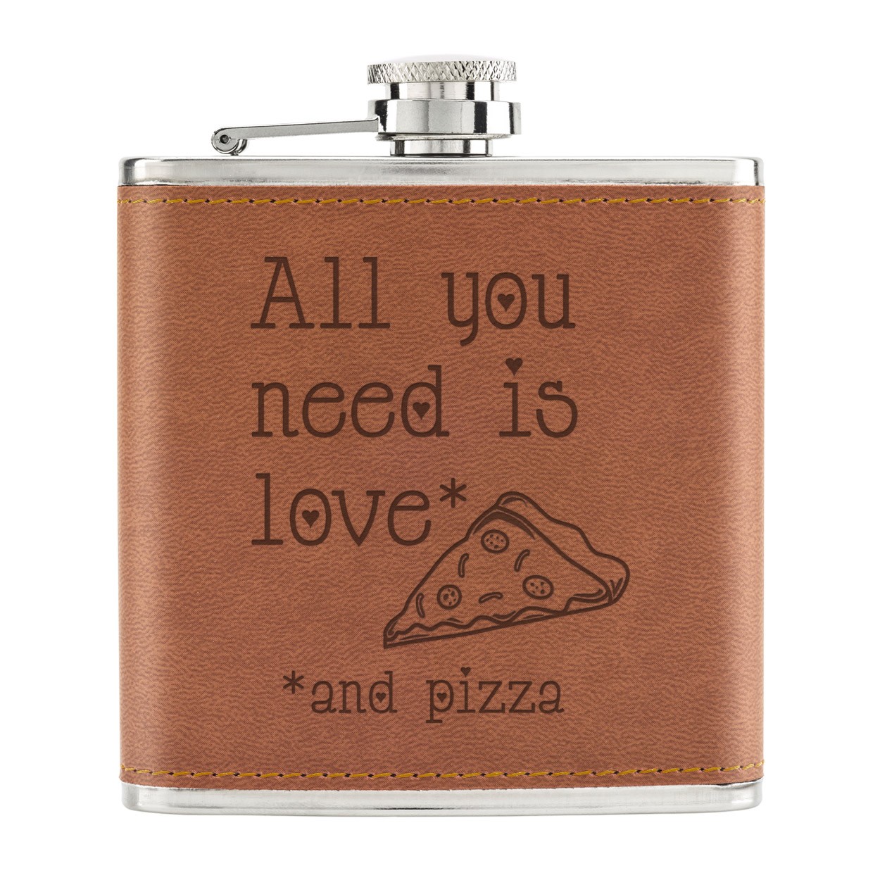 All You Need Is Love And Pizza 6oz PU Leather Hip Flask Tan