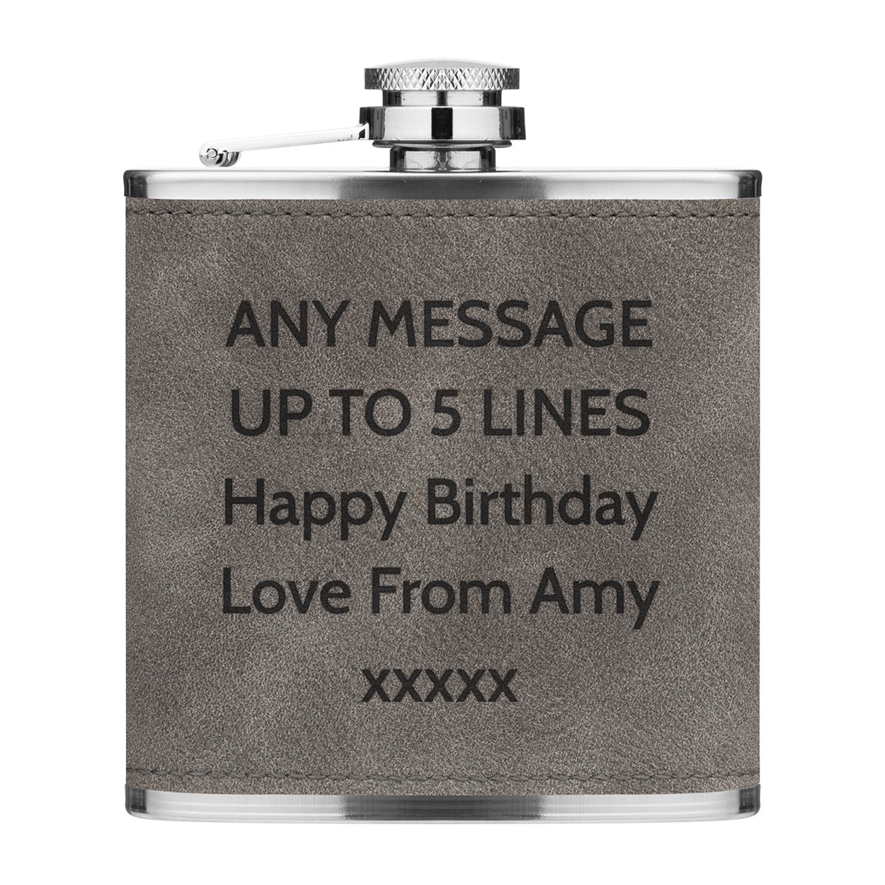 Personalised 6oz PU Leather Hip Flask Grey Custom Any Message Text Name Premium Quality