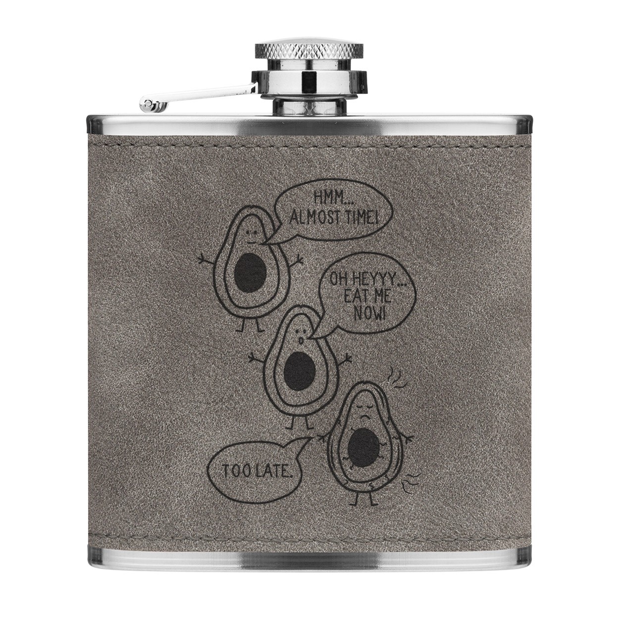 Avocado Eat Me Now Too Late 6oz PU Leather Hip Flask Grey Luxe