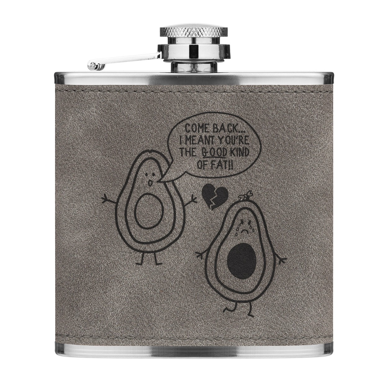 Avocado The Good Kind Of Fat 6oz PU Leather Hip Flask Grey Luxe