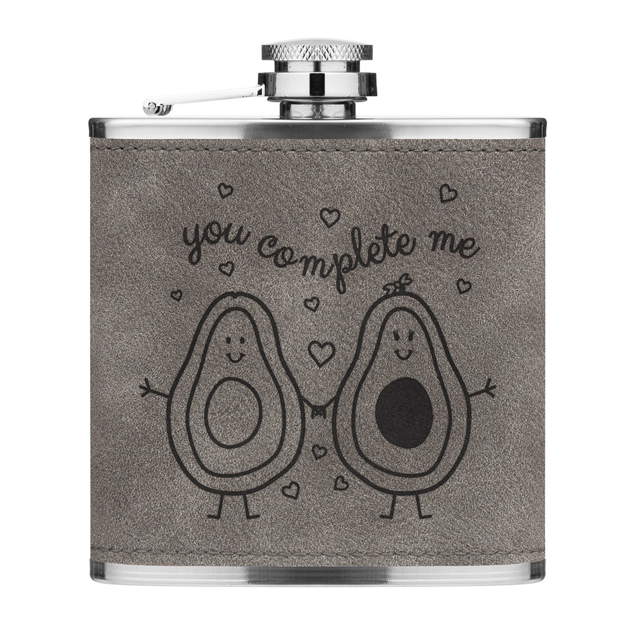Avocado You Complete Me 6oz PU Leather Hip Flask Grey Luxe