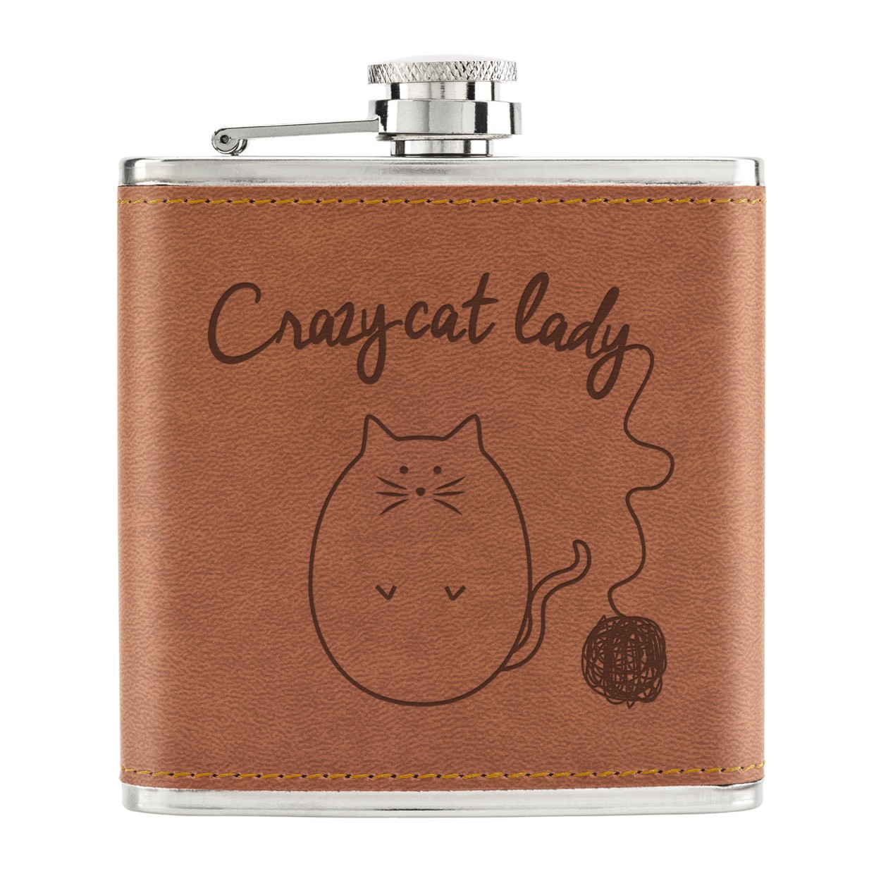 Ball Of Yarn Crazy Cat Lady 6oz PU Leather Hip Flask Tan