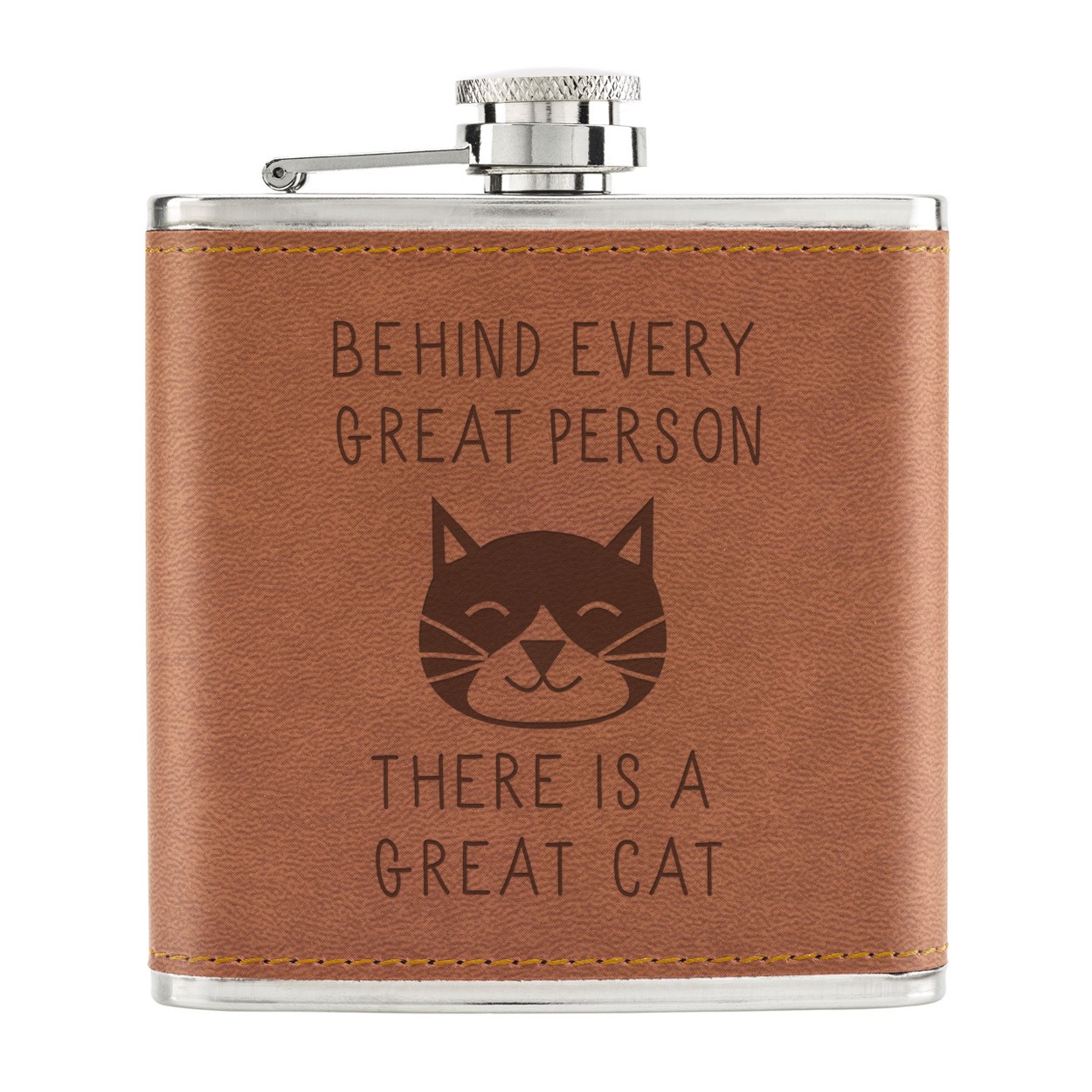 Behind Every Great Person Is A Great Cat 6oz PU Leather Hip Flask Tan
