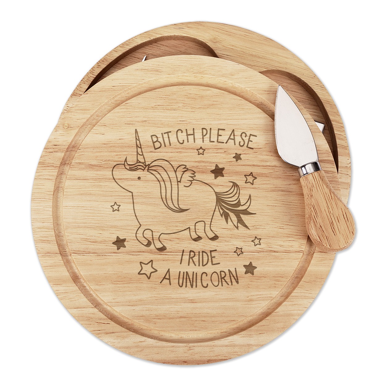 Bitch Please I Ride A Unicorn Wooden Cheese Board Set 4 Knives