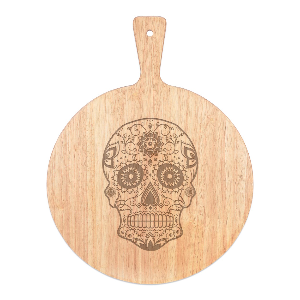 Black Sugar Candy Skull Pizza Board Paddle Serving Tray Handle Round Wooden 45x34cm