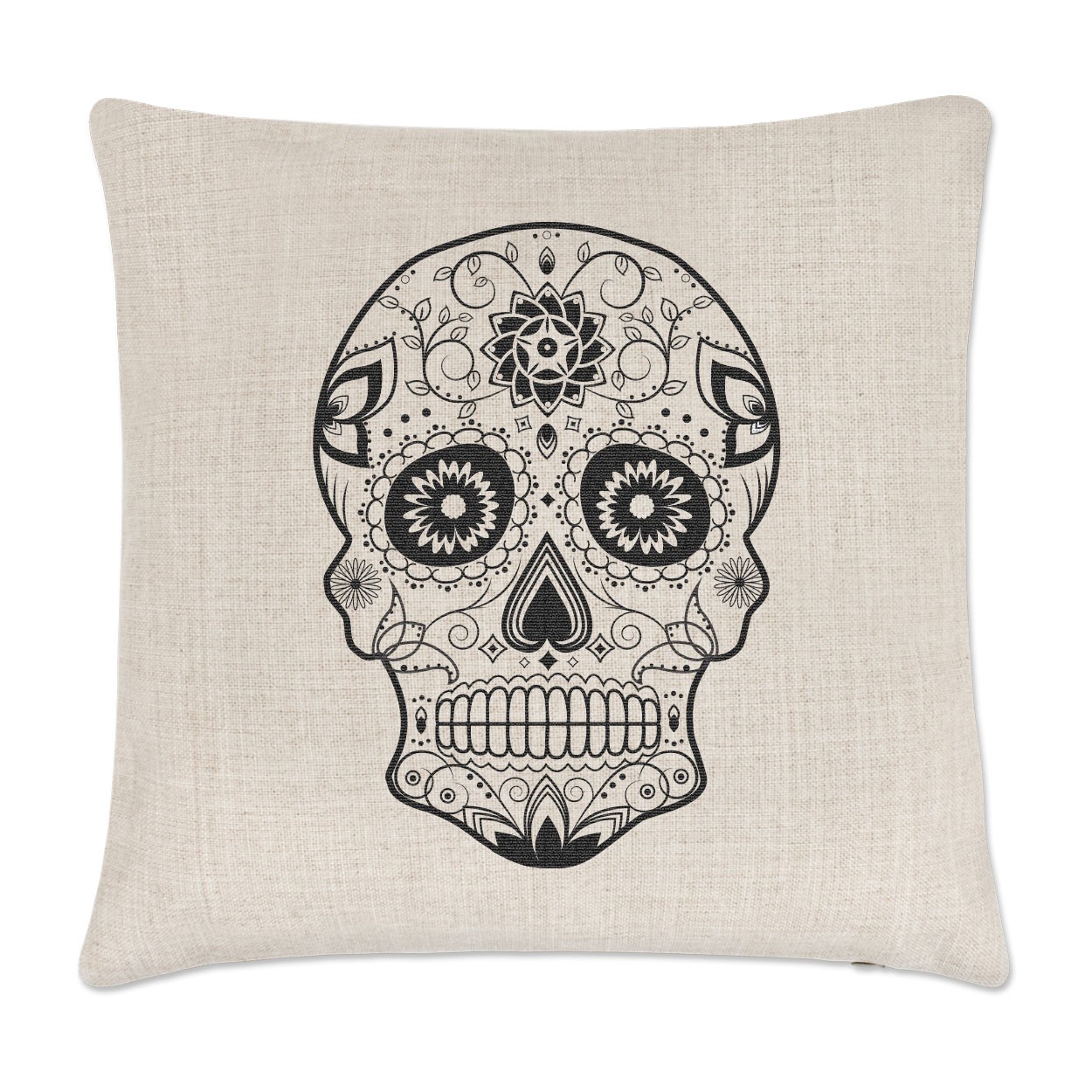 Black Sugar Skull Linen Cushion Cover
