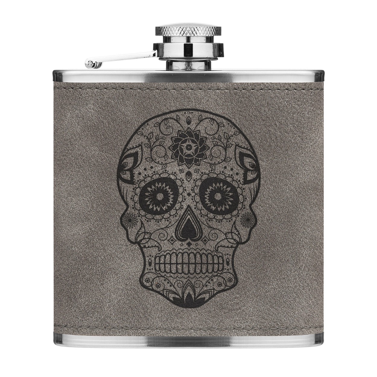 Black Sugar Candy Skull 6oz PU Leather Hip Flask Grey Luxe