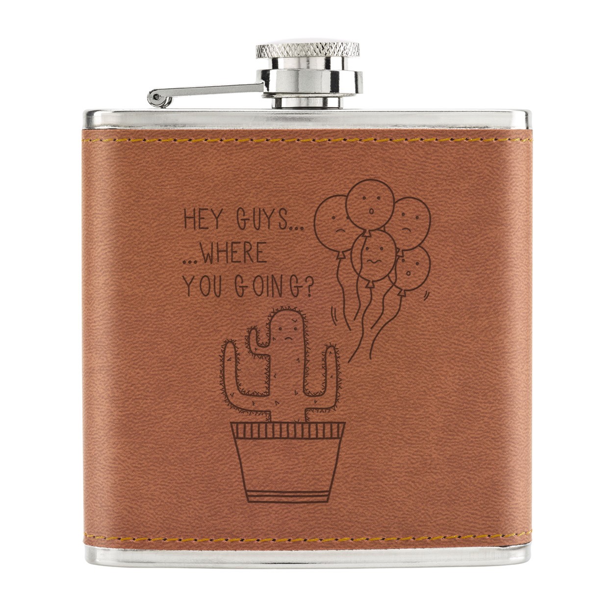 Cactus Hey Guys Where Are You Going 6oz PU Leather Hip Flask Tan