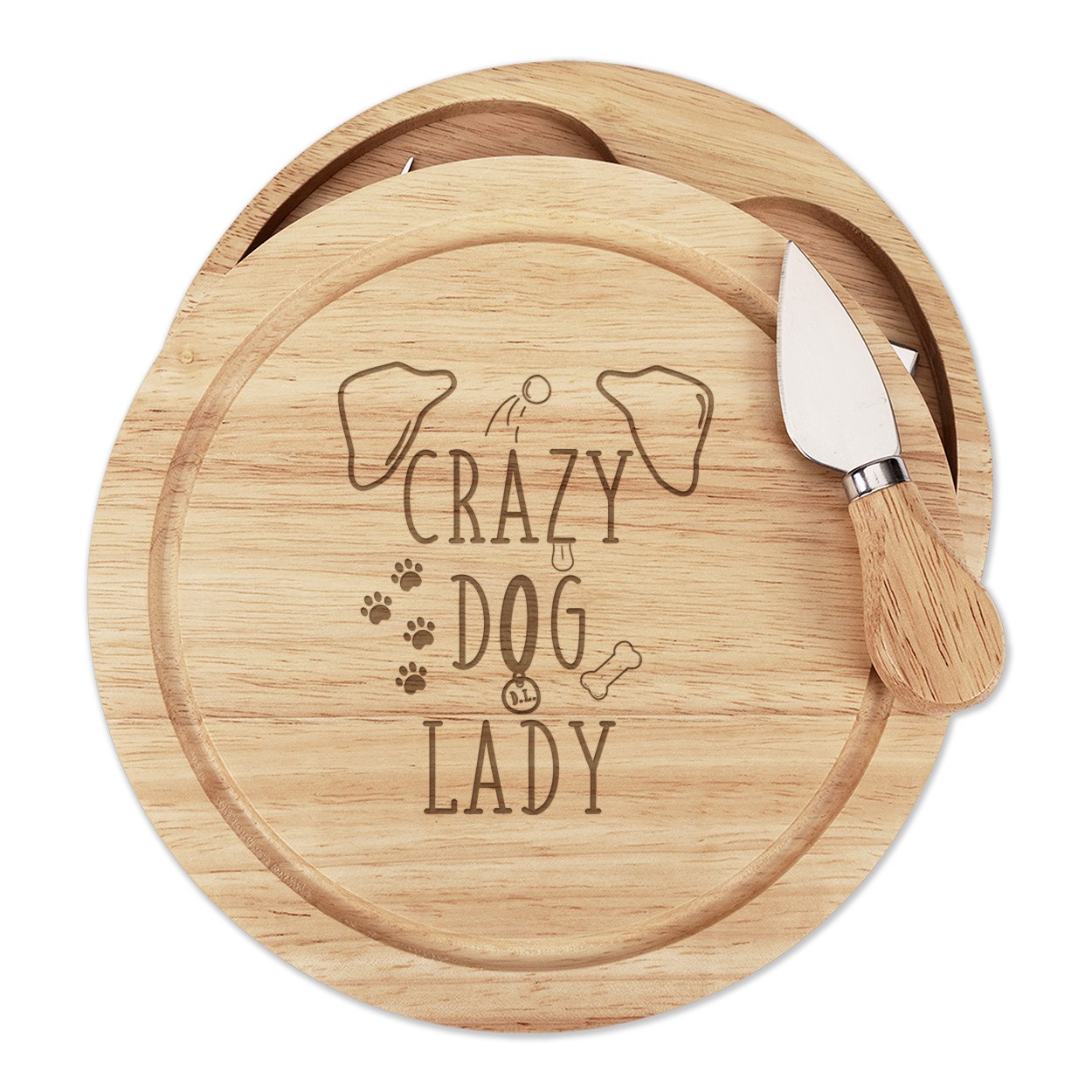 Crazy Dog Lady Brown Ears Wooden Cheese Board Set 4 Knives