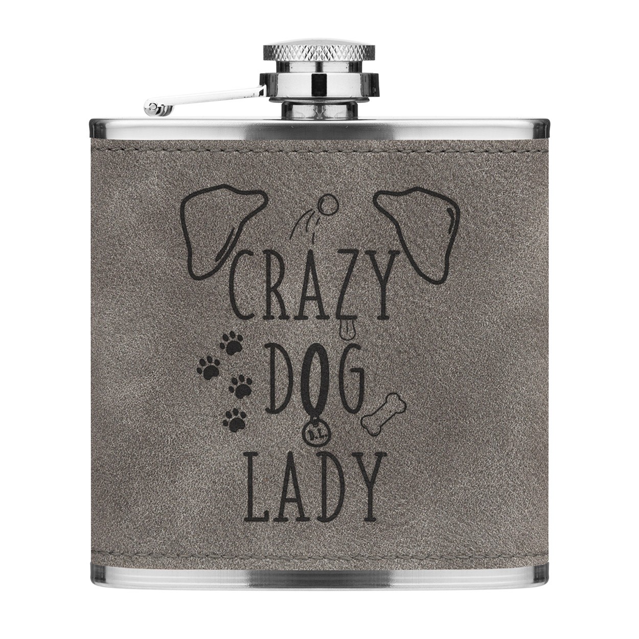 Crazy Dog Lady Brown Ears 6oz PU Leather Hip Flask Grey Luxe
