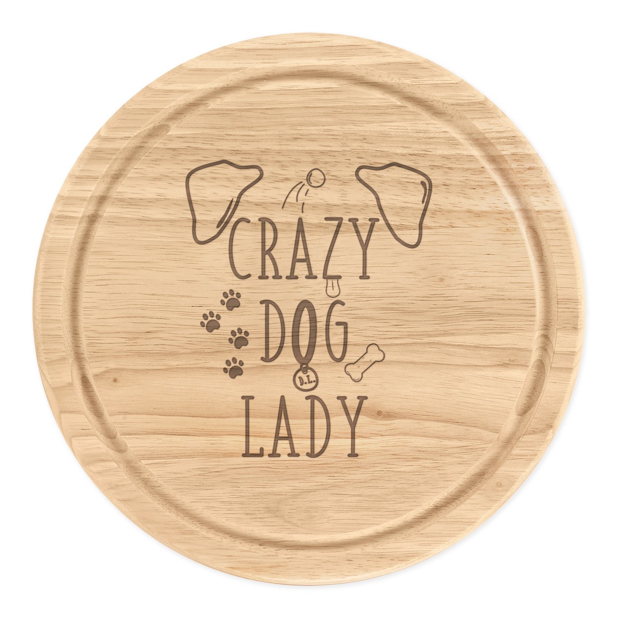 Crazy Dog Lady Brown Ears Wooden Chopping Cheese Board Round 25cm