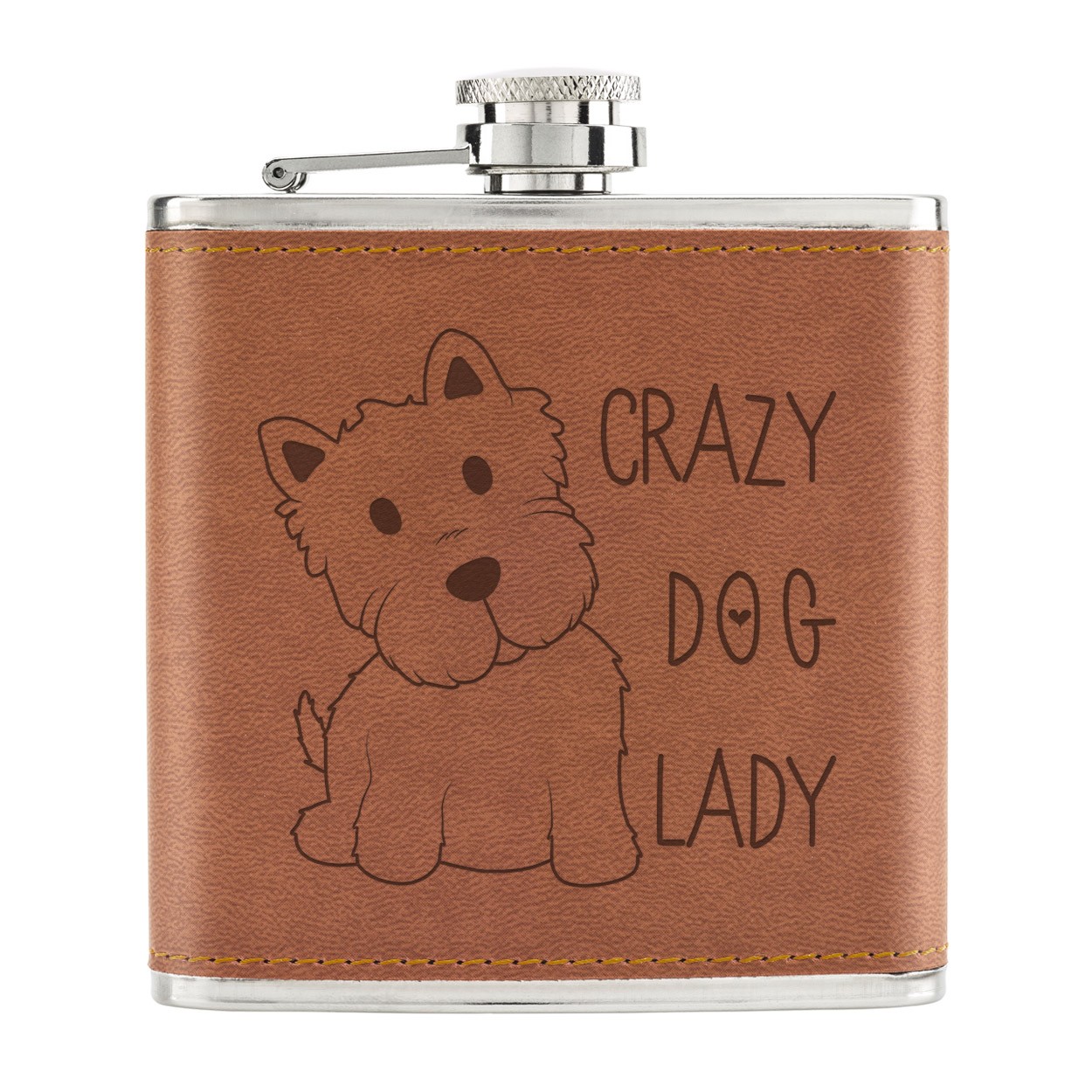 Crazy Dog Lady 6oz PU Leather Hip Flask Tan