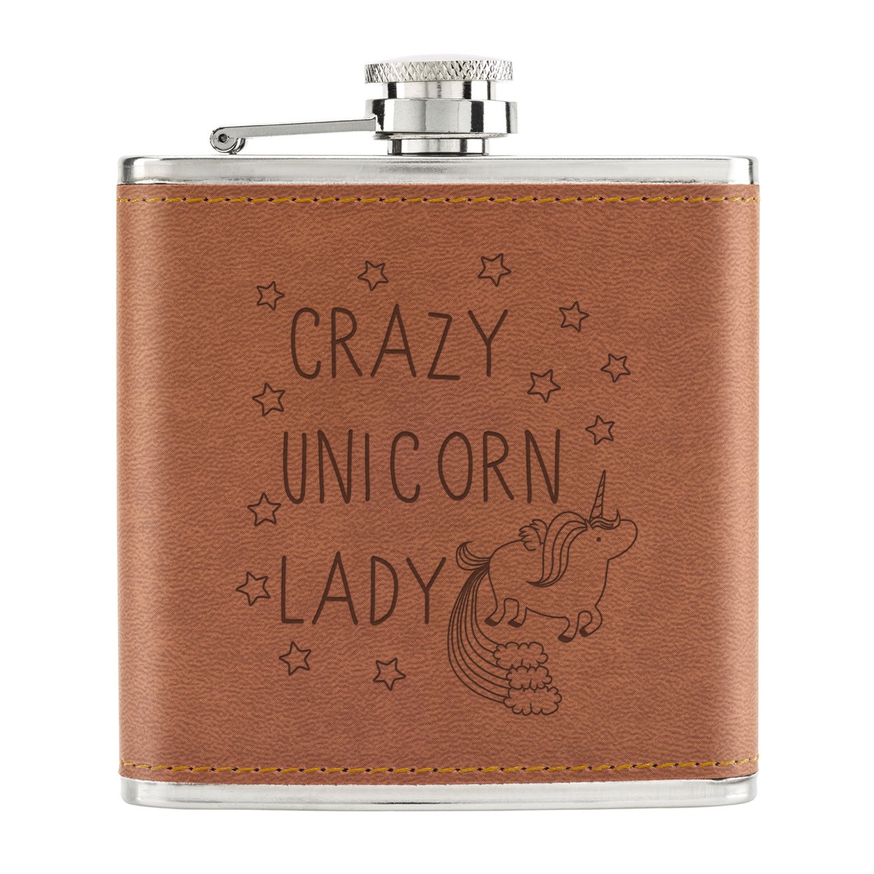 Crazy Unicorn Lady 6oz PU Leather Hip Flask Tan