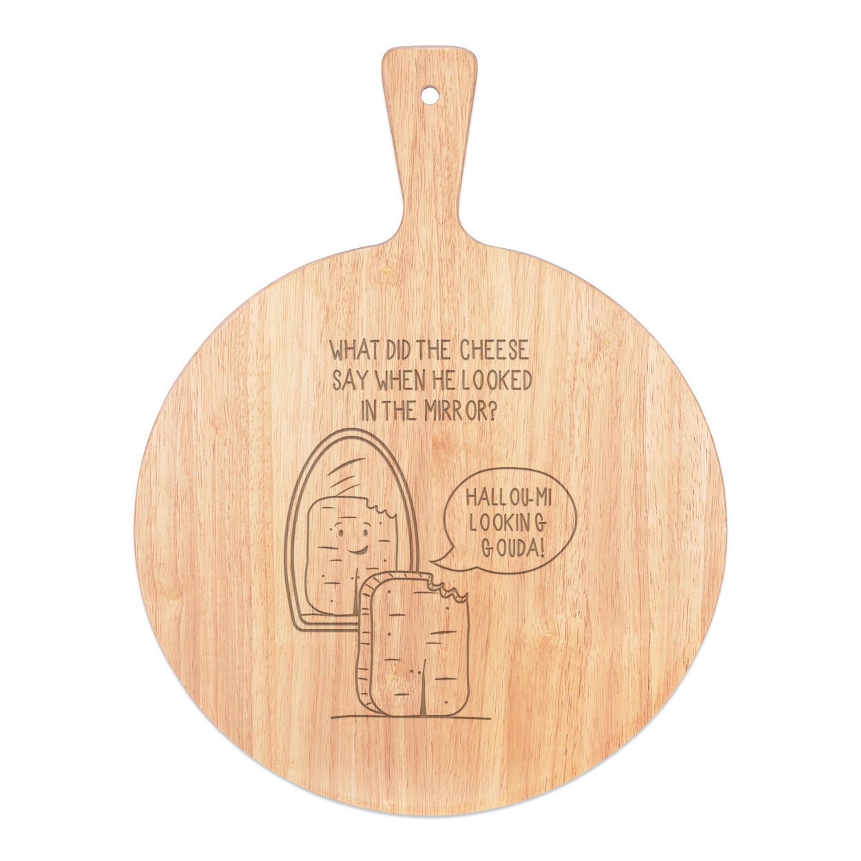Halloumi Looking Gouda Cheese Joke Pizza Board Paddle Serving Tray Handle Round Wooden 45x34cm