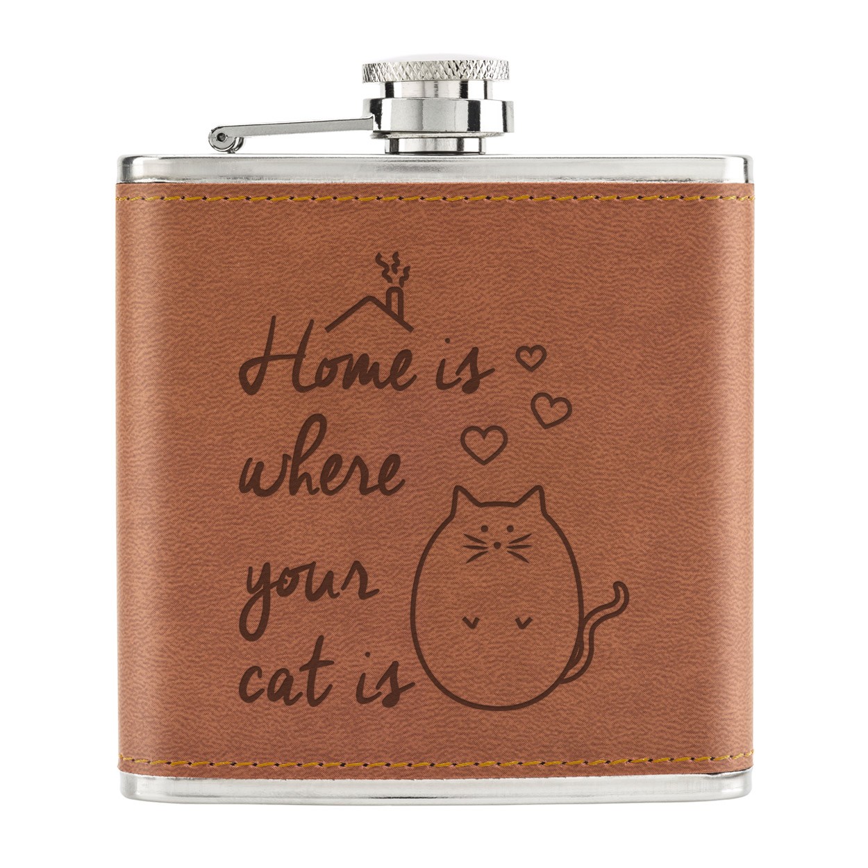 Home Is Where Your Cat Is 6oz PU Leather Hip Flask Tan