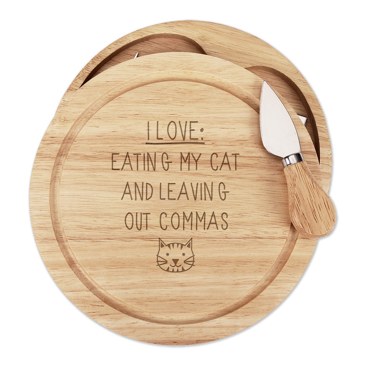 I Love Eating My Cat and Leaving Out Commas Wooden Cheese Board Set 4 Knives