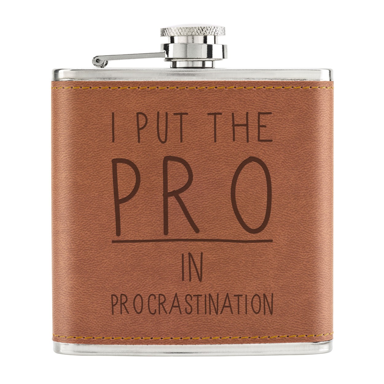 I Put The Pro In Procrastination 6oz PU Leather Hip Flask Tan